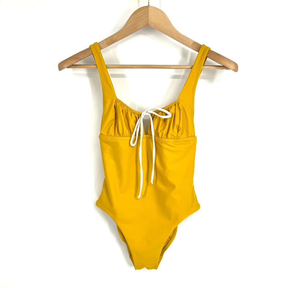 Galamaar Swimsuit Chemise One Piece Womens Size XS Yellow‎ Gold White Tie Front